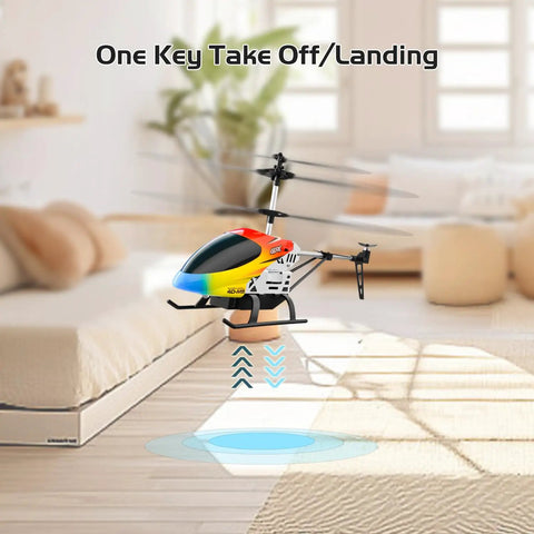 M5 RC Helicopter For Kids And Beginners With Altitude Hold hovering indoors, showcasing one key takeoff/landing feature.