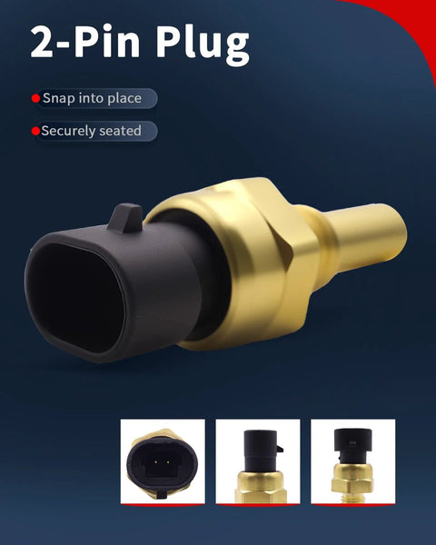 VEHICODE 2-pin engine coolant temperature sensor with brass body and black connector (front view)
