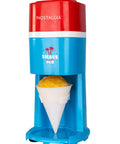 Next Level Electric Shaved Ice And Snow Cone Maker with bright red and blue design and yellow shaved ice in a cone.