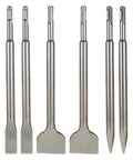 Six Piece SDS Plus Chisel Set For Rotary Hammer Built Tough With 40Cr Steel Beastly Durable Concrete Tile Brick Masonry Removal Kit Including Point Chisel 20mm Flat Chisel 40mm Flat Chisel displayed