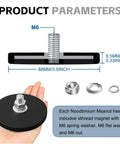 4-pack rubber-coated neodymium magnets with M6 bolt; 110 lb pull, anti-scratch base with washers and nut (Amazon)