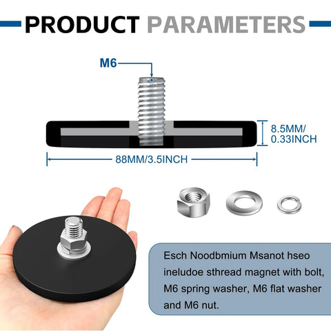 4-pack rubber-coated neodymium magnets with M6 bolt; 110 lb pull, anti-scratch base with washers and nut (Amazon)