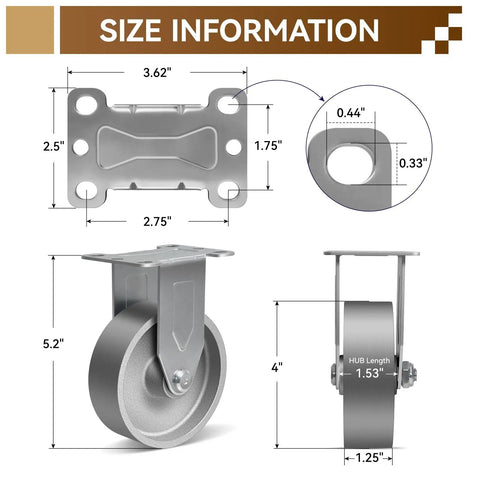 Size information for Heavy Duty 4 Inch Cast Iron Caster Wheels Rigid Plate Mount 12 Pack showing dimensions and design details.