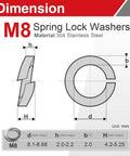 M8 Stainless Steel Split Lock Washers Set, 40 Pcs, diagram showing dimensions and 304 stainless steel material details.