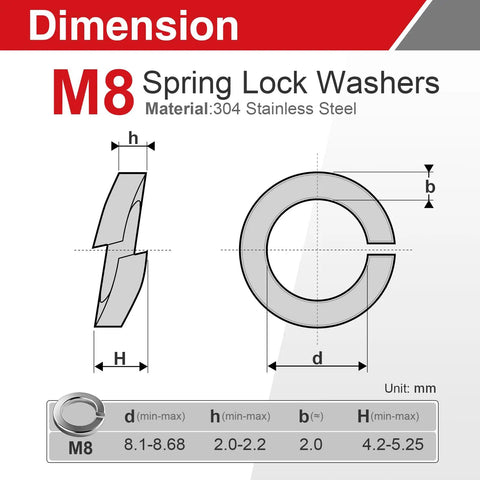 M8 Stainless Steel Split Lock Washers Set, 40 Pcs, diagram showing dimensions and 304 stainless steel material details.