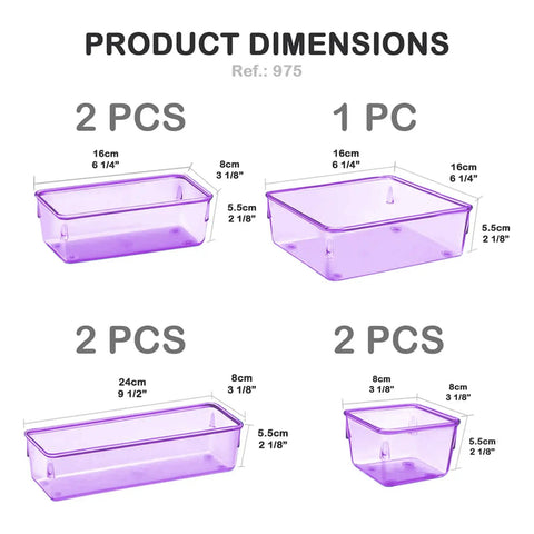 Modular Drawer Organizer Set With 7 Bins In 4 Sizes For Office, Home, Makeup, Kitchen And Junk Drawers, Clear Purple Plastic Storage Trays