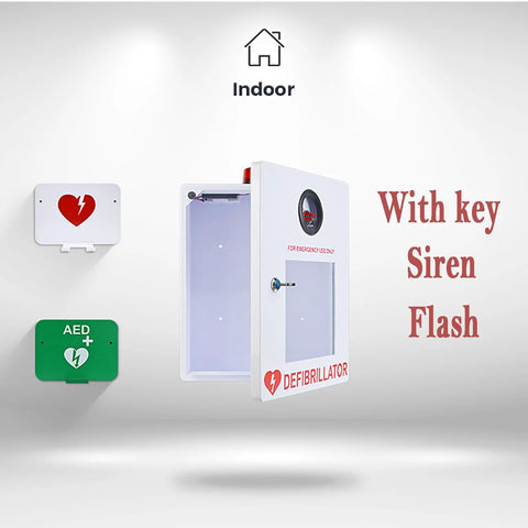 White AED defibrillator cabinet with key lock and alarm; wall-mounted green AED sign and white heart sign visible.