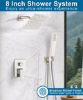 Brushed Nickel Shower System With 8 Inch Rainfall Head, Wall Mounted Faucet Set, Handle, Rough In Valve Body And Trim Kit