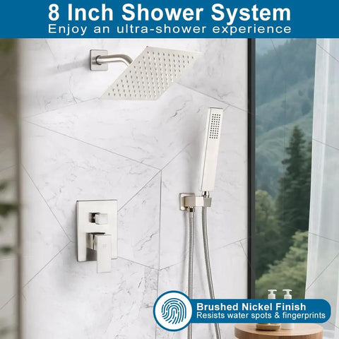 Brushed Nickel Shower System With 8 Inch Rainfall Head, Wall Mounted Faucet Set, Handle, Rough In Valve Body And Trim Kit