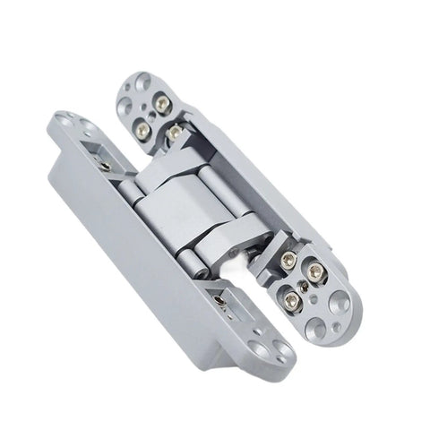 Angled view of Hidden Cross Concealed Door Hinge With 3D Adjustable Wooden Door Hinge showing silver metal structure and screws