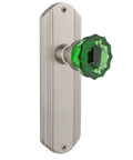 Retro Deco Plate Passage Door Knob Set With Emerald Crystal Glass Knobs Satin Nickel Finish Forged Brass Plates Two And Three Quarter Backset 