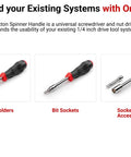 Quarter Inch Drive High Torque Spinner Handle with hex bit holders, bit sockets, and 1/4 inch sockets for fastened spin.