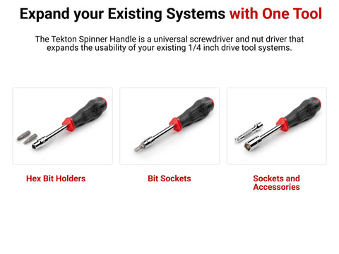 Quarter Inch Drive High Torque Spinner Handle with hex bit holders, bit sockets, and 1/4 inch sockets for fastened spin.