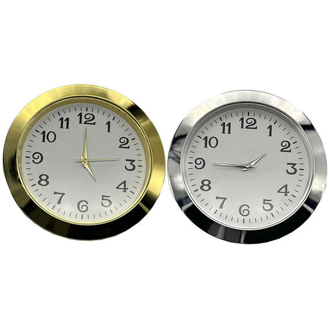 Gold and silver 55mm clock inserts with Arabic numerals. 55mm Clock Insert With Arabic Numerals For Repair Or Upgrade Projects Durable Alloy Construction Easy Read Face For Watchmakers DIY Enthusiasts And Repair Pros Ready To Install And Restore Timely Classic Style.
