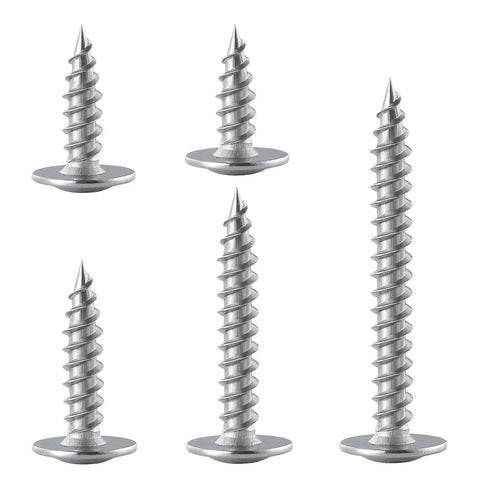 Knockout Value 95 Piece Assortment Kit Featuring Number 8 Phillips Truss Head Wood Screws And Stainless Steel 410 Self Tapping Metal Fasteners With Drywall Plastic Anchors For No Fuss Diy Home Upgrades - Close up of stainless steel truss head screws.