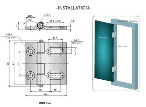 Installation diagram of Two Pack Aluminum Door Hinges With Flat Head Screws, Adjustable Hole Spacing From Three To Five Inches, Hinge Size Two Point Seven Six Inches By Two Point Four Eight Inches, Silver Finish, Heavy Duty Cabinet And Door Butt Hinge Set For Smooth Operation.