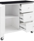 Granite Top Kitchen Island Cart With Rolling Wheels, Microwave Stand, Coffee Bar, Black Finish with open drawers and cabinet