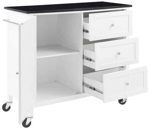 Granite Top Kitchen Island Cart With Rolling Wheels, Microwave Stand, Coffee Bar, Black Finish with open drawers and cabinet