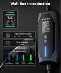 Portable Level 1 And Level 2 EV Charger With 240V 16A Output wall box showing LCD display and adjustable current settings.