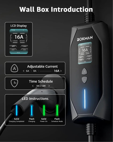 Portable Level 1 And 2 EV Charger With 25 Foot Heavy Duty Cord, 16 Amp Electric Vehicle Charging Cable Featuring Nema Adapters showing LCD display settings.