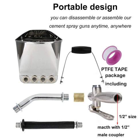 Parts of Beast 4 Jet Plaster And Stucco Sprayer Pneumatic Cement Mortar Gun including sprayer head, handles, and tape.