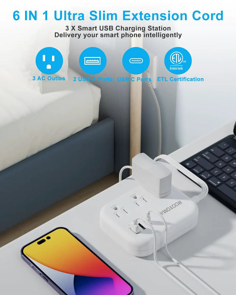 Ultra Thin Flat Extension Cord Five Feet For Behind Furniture And Under Rugs Low Profile Power Strip With Three USB Ports