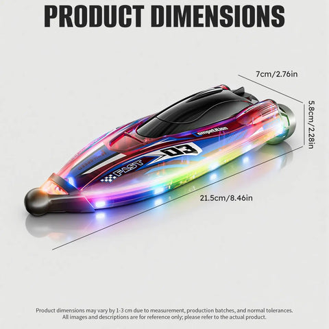 Brushless Remote Control RC Boat With LED Lights For Kids And Grownups 25 KMH 2 4GHz Racing Speed Boat Includes Two Batteries Capsize Recovery 180 Degree Stability For Pool And Lake Play Red showcased with dimensions and vibrant LED lights.