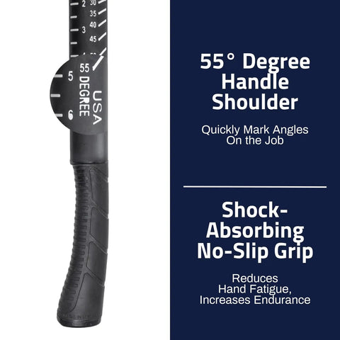 55-degree handle and no-slip grip of 18 Oz Premium 4340 Steel Rip Claw Hammer With Shock Absorbing Poly Fiberglass Handle