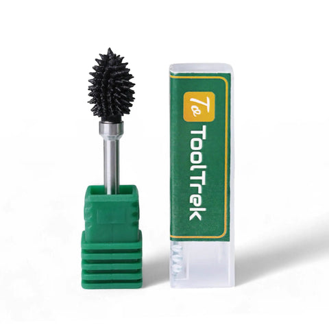 Tough As Nails Spike Flame Rotary Burr Packed In Dense Tungsten Carbide for wood and metal carving, with green storage case.