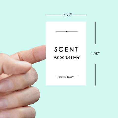 Person holding waterproof laundry room label for containers and cabinets, detailing size and use for easy washroom organization.