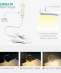 Warm 3000K LED Rechargeable Clip On Reading Light For Bed Car And Travel showing 3 brightness modes and adjustable switch