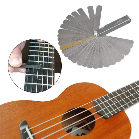17 Pcs Guitar Luthier Tools Kit With Notched Radius Gauges And Understring Radius Gauges, 32 Blades Feeler Gauge in use on guitar