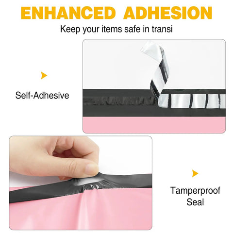 Close-up of light pink self-seal poly mailer bags showing tearproof design and adhesive seal, perfect for secure shipping.