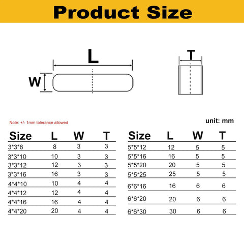 Front view of round-ended feather key size diagram showing L, W, T and mm size table.