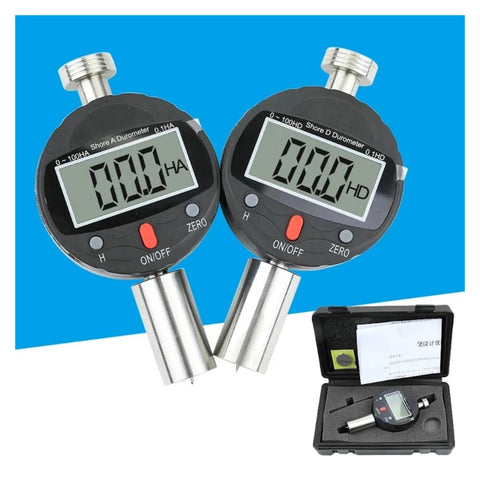 Portable Shore A And D Digital Hardness Meter Durometer Tester With Large LCD Screen for Rubber and Tires, showing readings.