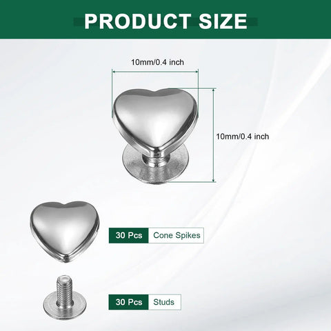 Level Up Your Look With These Top Shelf 30 Piece Heart Shaped Metal Stud Rivets 10Mm Screw Back Embellishments Ideal For Leather Gear Bags And Clothing DIY Projects Silver size diagram showing 10mm heart rivets.