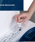 Hand demonstrating quick disassembly of True White Soft Close Toilet Seat With Easy Top Install For Oval Bowls Built Tough Duroplastic Heavy Duty Bathroom Cover.