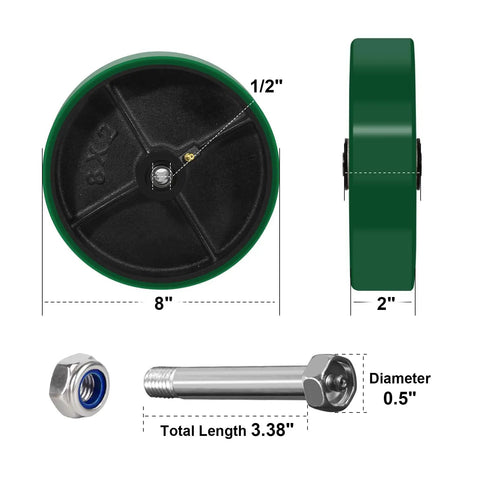 Badass Heavy Duty 8 Inch Caster Wheels 2 Pack Polyurethane Tread On Cast Iron Core Replacement Treads For Toolboxes Utility Carts showing dimensions and design features.