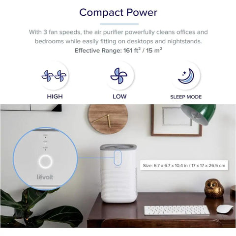 Levoit LV-H128 Desktop Air Purifier on wooden desk, compact design, showcasing Genuine Replacement Filter for LV-H128 Desktop Air Purifier.