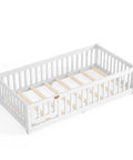 Totally Built Tough Twin Floor Bed With Montessori Design And Complete Safety Guardrails Plus Easy Access Door For Kids, Solid Wood Low Profile Slatted Frame In Fresh White, side view showing safety rails and door.
