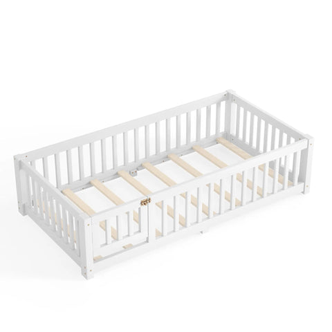 Totally Built Tough Twin Floor Bed With Montessori Design And Complete Safety Guardrails Plus Easy Access Door For Kids, Solid Wood Low Profile Slatted Frame In Fresh White, side view showing safety rails and door.