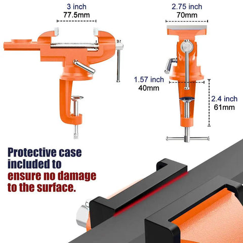 3 Inch Table Vise With 360 Degree Swivel Base Clamp On Bench Vise for woodworking and metalworking, dimensions displayed