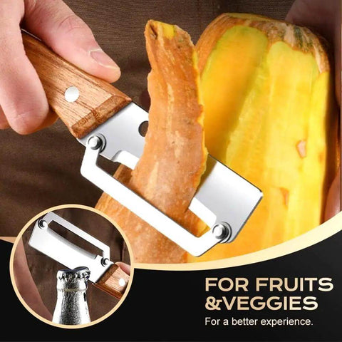 Close-up of Two Pack 2 In 1 Veggie Peeler And Bottle Opener With Stainless Steel Blade and Wooden Handle peeling a vegetable