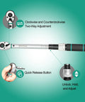 4-Piece Torque Wrench Set With 3/8-Inch Drive Click Wrench, clockwise adjustment, quick release button, close-up