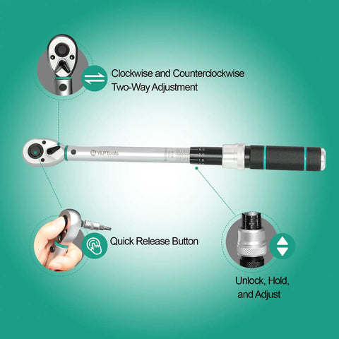 4-Piece Torque Wrench Set With 3/8-Inch Drive Click Wrench, clockwise adjustment, quick release button, close-up