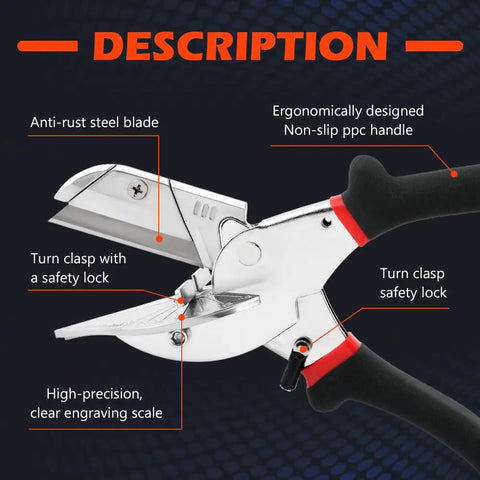 Kickass Heavy Duty Miter Shears Multi Angle Cutter with non-slip handle, safety lock, and anti-rust blade for precise cutting.