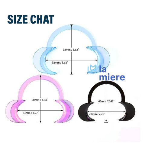 Dental Cheek Retractor Mouth Opener For Teeth Whitening C Shape Autoclavable Clear Pink 3 Pack Small Medium Large Sizes BPA Free For Quick Inside Peek And Sterilization. size chart with three cheek retractors