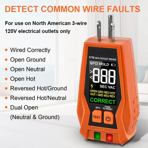 Three-Wire 120V AC Outlet Tester With GFCI Function, Detects Open Ground, Open Neutral, Hot Ground Reverse, Hot Neutral Reverse, Open Hot, Dual Open, Color LCD Screen, LED Indicator Lights, Must-Have Standard 3-Wire Receptacle Tester, orange handheld