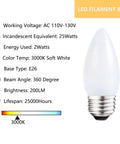 Frosted LED Candelabra Bulbs E26 Base 2W Dimmable Soft White 3000K 25W Equivalent product specifications and bulb image
