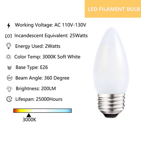 Frosted LED Candelabra Bulbs E26 Base 2W Dimmable Soft White 3000K 25W Equivalent product specifications and bulb image
